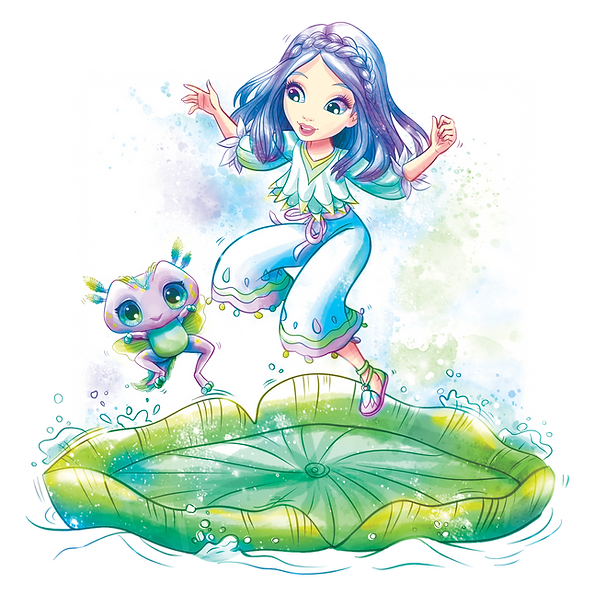 Wesoła dziewczynka o imieniu Lilya z długimi niebiesko-fioletowymi włosami i luźnymi niebieskimi spodniami skacze figlarnie z szeroko otwartą, uśmiechniętą żabą na dużą lilię nenufarową, rozpryskując wokół kropelki. Tło jest miękkie i przypomina akwarelę.