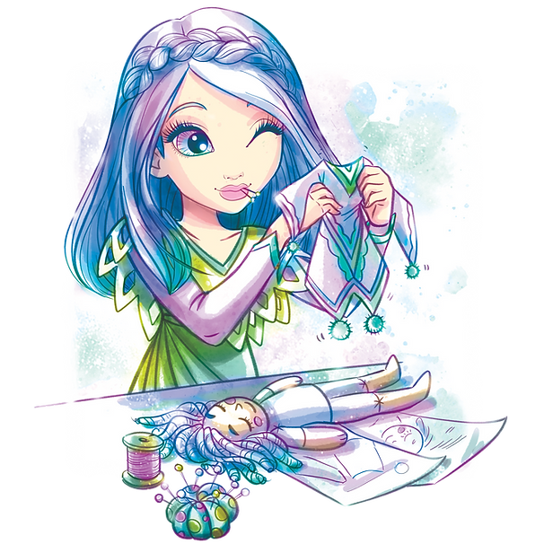 Lilya z długimi niebiesko-fioletowymi włosami i zielonymi oczami siedzi przy stole i szyje sukienkę. Przed nią znajduje się lalka, szpulki nici, poduszka na szpilki i szablony do szycia, a wszystko to na tle miękkiej akwareli w kolorze Nenuphia.