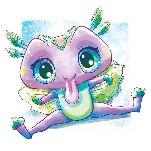 Urocze, kreskówkowe stworzenie o imieniu Lilya z dużą, różową twarzą, ogromnymi niebieskimi oczami i szerokim uśmiechem wystającym z języka. Ma uszy i skrzydła przypominające liście, zielony brzuch i radośnie skacze z wyciągniętymi rękami i nogami.