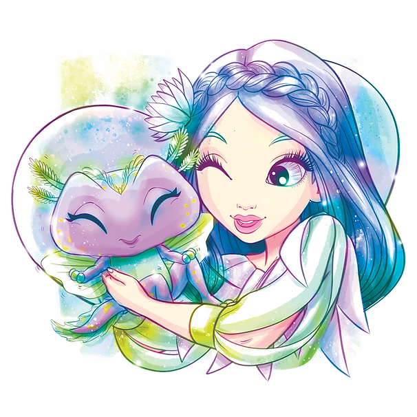 Kapryśna dziewczyna o imieniu Lilya z długimi niebieskimi włosami, plecioną koroną i kwiatowymi dodatkami uśmiecha się i mruga, przytulając Nenuphię, uroczą, uśmiechniętą fioletową żabę z liściastymi akcentami. Ilustracja mieni się delikatnymi pastelami i magicznymi iskierkami.