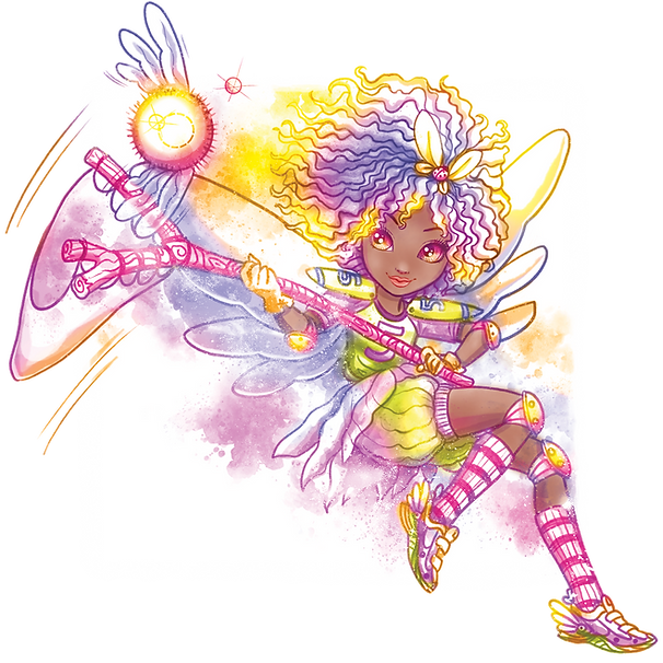 Żywa ilustracja przedstawiająca Orelię, wróżkę z fioletowymi kręconymi włosami, ubraną w zieloną sukienkę, różowe skarpetki w paski i skrzydlate buty, która energicznie lata, trzymając świecącą laskę. Ma duże półprzezroczyste skrzydła i zdeterminowany, zabawny wyraz twarzy.