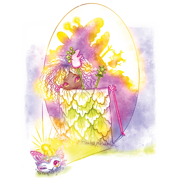 Kapryśna ilustracja przedstawiająca osobę z kręconymi włosami, częściowo ukrytą za zielonym krzewem liściastym, trzymającą różowe rękawiczki na patykach. Otaczają ich delikatne żółte i fioletowe odcienie Orelii. Na pierwszym planie świecące białe stworzenie z różowymi skrzydłami lśni złotym światłem.