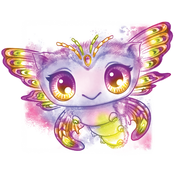 Urocze, szerokookie stworzenie o imieniu Orelia z cechami zarówno kota, jak i ćmy, w tym żywymi fioletowymi, żółtymi i zielonymi skrzydłami, rozmytym ciałem, czułkami i błyszczącymi oczami. Tło jest miękką akwarelową mieszanką odcieni różu, fioletu i błękitu.