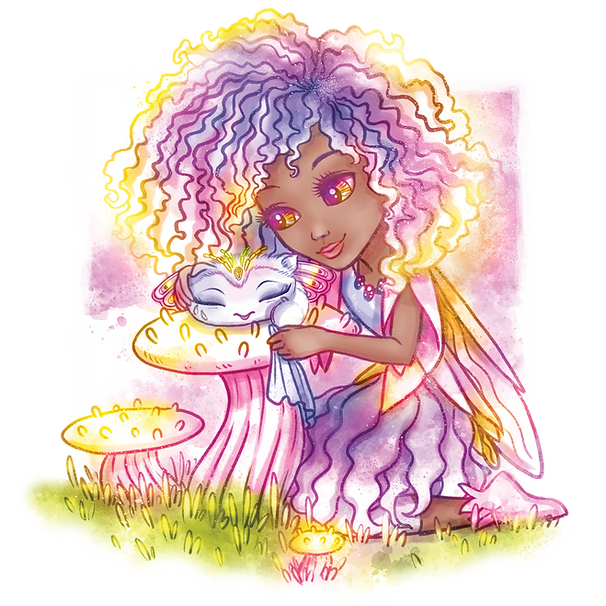 Wróżka o imieniu Lumia z fioletowymi kręconymi włosami i świecącymi skrzydłami delikatnie wyciera uśmiechniętą istotę siedzącą na różowym, nakrapianym grzybie. Ma na sobie zwiewną sukienkę i błyszczące oczy. Scena jest jasna i kapryśna, z trawą i grzybami wokół nich.