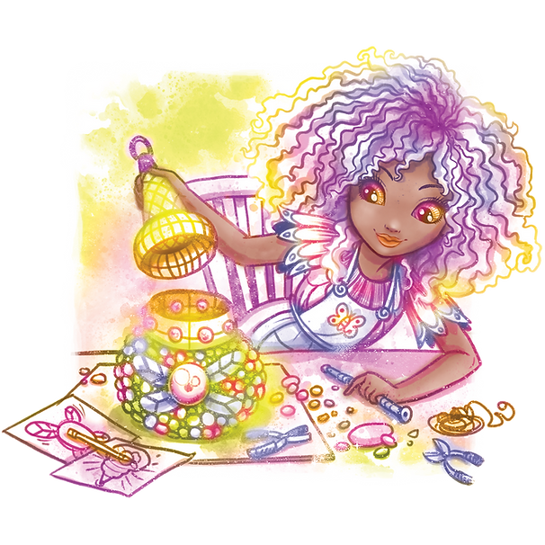 Orelia, dziewczynka o kręconych, fioletowo-białych włosach, siedzi przy stole i dekoruje koszyczek kolorowymi cukierkami i pisankami. Uśmiecha się w swojej sukience w motyle, używając narzędzi i materiałów rozrzuconych wokół. Scena jest jasna i kapryśna.