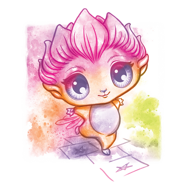 Urocze, fantastyczne stworzenie z dużymi niebieskimi oczami, różowymi liściastymi włosami i brzoskwiniowym futrem gra w klasy. Tło jest akwarelową mieszanką różu, pomarańczy, zieleni i fioletu. Stwór stoi na jednej nodze, uśmiechając się, a pod nim znajduje się siatka do gry w klasy.