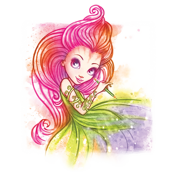 Kapryśna wróżka z długimi, różowo-pomarańczowymi włosami trzyma zielony ołówek. Ma na sobie zielono-fioletową sukienkę, duże fioletowe oczy i złote zawijasy na ramieniu. Tło w stylu akwareli zawiera plamy różu, pomarańczy i fioletu.