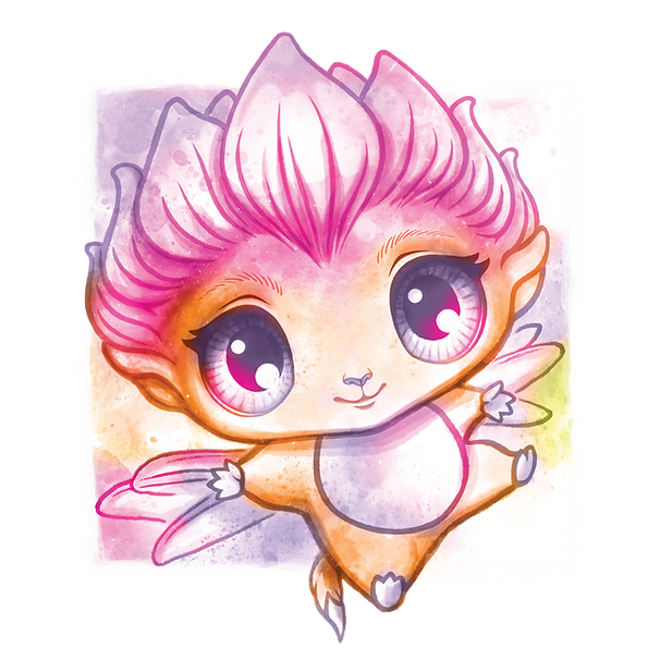 Urocze, fantastyczne stworzenie z dużymi fioletowymi oczami, różowymi płatkami kwiatów na głowie, małymi skrzydłami i pomarańczowo-białym ciałem. Ma zabawny wyraz twarzy i jest narysowany w stylu akwareli z miękkim pastelowym tłem.