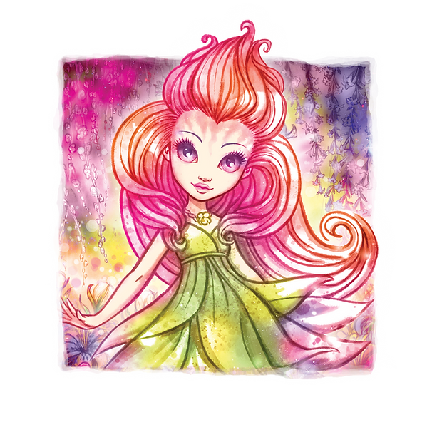 Kapryśny rysunek przedstawiający wróżkę z różowymi i pomarańczowymi włosami, dużymi fioletowymi oczami i zieloną sukienką. Stoi w kolorowym, marzycielskim ogrodzie wypełnionym jasnymi, pastelowymi odcieniami różu, żółci, fioletu i zieleni kwiatów i liści.