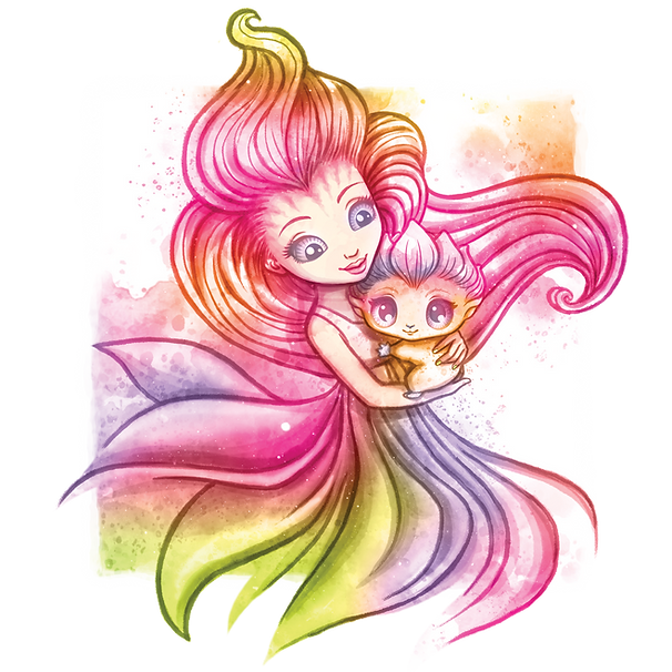 Kapryśna, kolorowa ilustracja uśmiechniętej kobiety z tęczowymi włosami i sukienką, trzymającej małe, urocze dziecko z takimi samymi włosami. Oboje mają duże oczy i są otoczeni akwarelami, co daje senny, magiczny nastrój.
