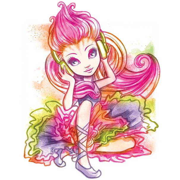 Akwarelowa ilustracja przedstawiająca podobną do lalki dziewczynkę z długimi, rozwianymi różowymi włosami, ubraną w duże zielone słuchawki, wielokolorową spódniczkę z falbankami, fioletowy top i baletki. Siedzi z uniesionym kolanem, uśmiechając się szeroko fioletowymi oczami. Tło jest białe z kolorowymi plamami.