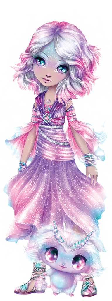 Fantastyczna dziewczyna o imieniu Estrelia o lśniącej lawendowej skórze, biało-różowych włosach i jasnofioletowych oczach ma na sobie połyskującą różowo-fioletową sukienkę. Stoi obok puszystego stworzenia Astria, oboje promieniują czarującą magiczną energią.