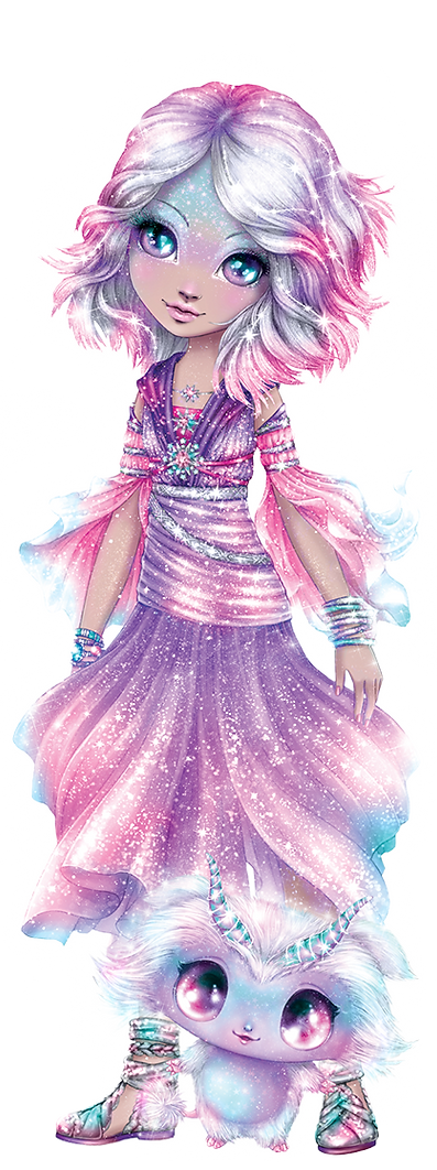 Fantastyczna dziewczyna o imieniu Estrelia o lśniącej lawendowej skórze, biało-różowych włosach i jasnofioletowych oczach ma na sobie połyskującą różowo-fioletową sukienkę. Stoi obok puszystego stworzenia Astria, oboje promieniują czarującą magiczną energią.