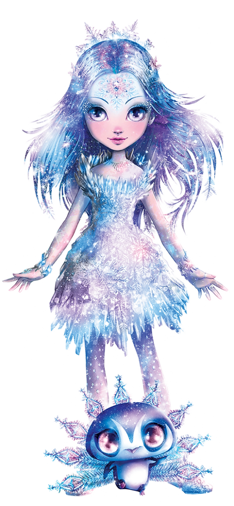 Fantastyczna dziewczyna o imieniu Blizzia z mieniącymi się niebiesko-fioletowymi włosami nosi lśniącą lodową sukienkę ozdobioną płatkami śniegu. Stoi obok uroczego, szerokookiego stworzenia o rysach przypominających płatki śniegu, a oboje otoczeni są mroźną, magiczną poświatą.
