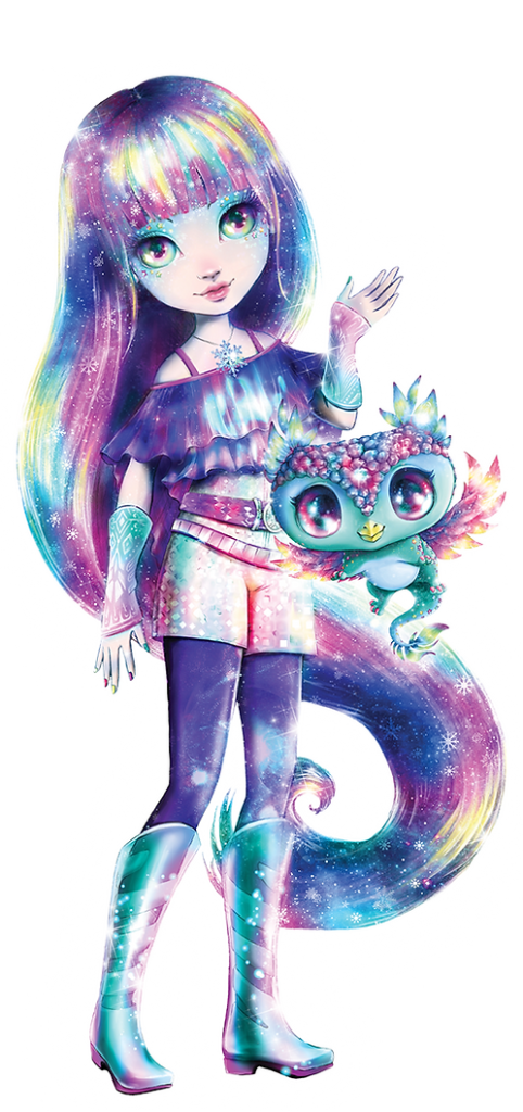 Dziewczyna o imieniu Isadora z długimi, gwieździstymi włosami w kolorze galaktyki i jasnozielonymi oczami ma na sobie fioletową bluzkę z falbankami, różowe szorty, niebieskie buty i rajstopy. Macha obok kolorowego stworzenia z piórami, błyszczącymi akcentami i magiczną aurą.