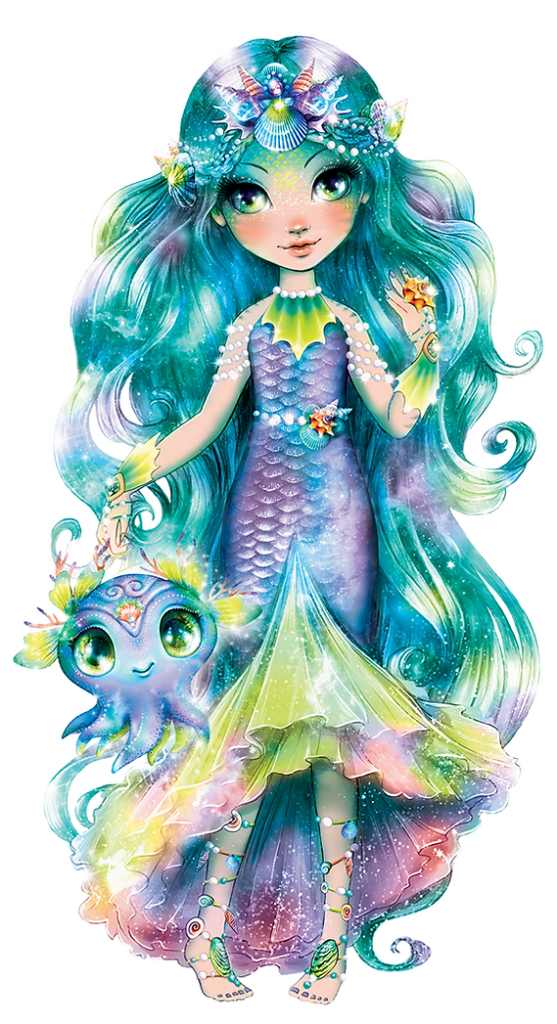 Kapryśna syrenka o imieniu Marinia z długimi turkusowymi i fioletowymi włosami trzyma małą, uśmiechniętą ośmiornicę. Ma na sobie połyskującą, opalizującą sukienkę z łuskowatymi wzorami i akcentami rozgwiazdy, a jej biżuteria z muszelek i świecąca skóra mienią się magią.