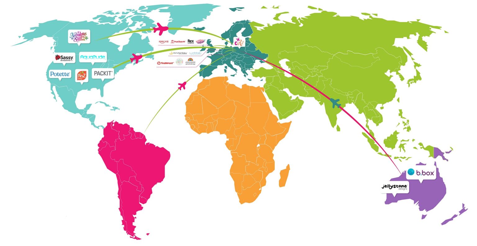 Mapa świata z markami dla dzieci. Podróże z dzieckiem, akcesoria i gadżety dla niemowląt.
