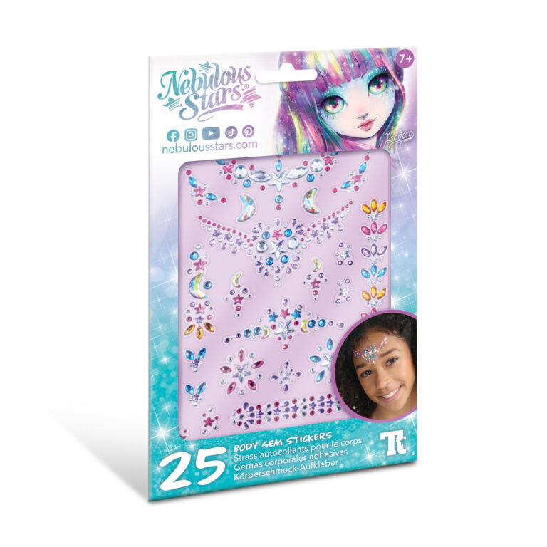 Opakowanie Kryształowych tatuaży samoprzylepnych dla dziewczynek | Isadora z 25 kolorowymi, samoprzylepnymi perełkami na fioletowym arkuszu Opakowanie przedstawia postać fantasy i dziewczynę noszącą tatuaże na czole
