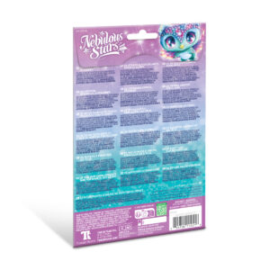 Tył opakowania Kryształowe tatuaże samoprzylepne dla dziewczynek | Isadora z pastelowym gradientem, logo marki, uroczym stworkiem o dużych oczach, wielojęzycznymi instrukcjami i kodem kreskowym w prawym dolnym rogu