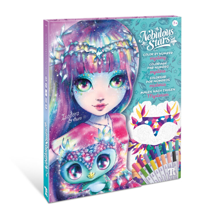 Tętniący życiem szkicownik z zestawem artystycznym przedstawia fantastyczną dziewczynę z fioletowymi włosami i koroną trzymającą sowę Zawiera flamastry i kolorowankę Mystery Koloruj po numerach Nazwa produktu: Kreatywna kolorowanka z flamastrami Mystery Tekst brzmi: Nebulous Stars