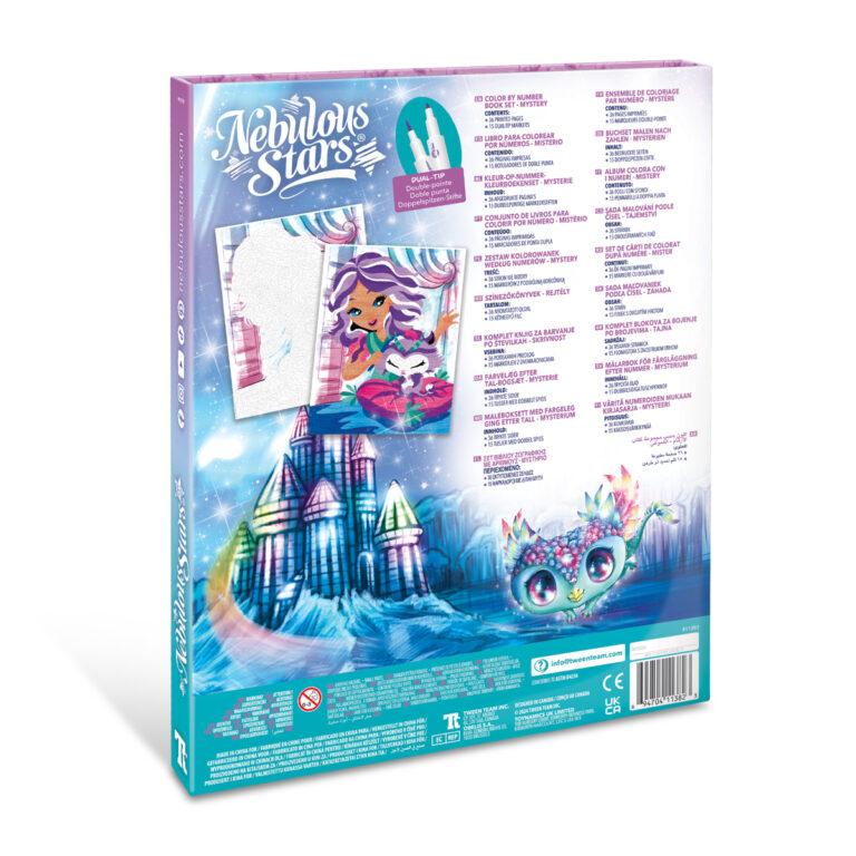 Tył pudełka Kreatywna kolorowanka z flamastrami Mystery Koloruj po numerach przedstawia tętniącą życiem grafikę fantasy, błyszczącą maskę oraz opisy aktywności w tym kolorowanki i flamastrów w wielu językach