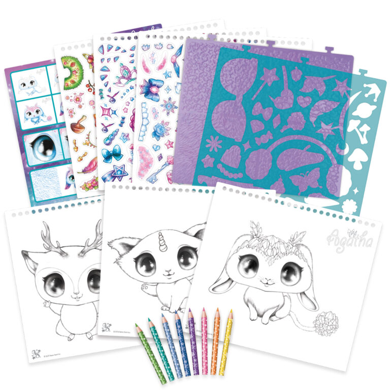 zawartość szkicownika z Animalous kartki kredki naklejki szablony